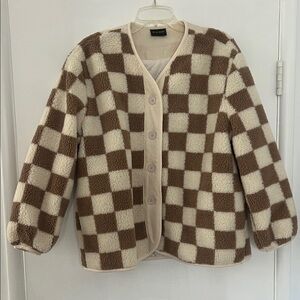 Checkered Brown and Cream Fleece Jacket